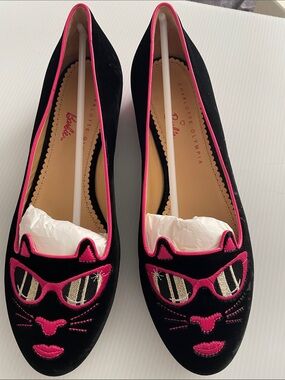 Charlotte Olympia Barbie  Black Velvet Kitty Flats